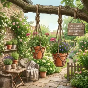 Garden decoration idea for hanging flower pots made of boho macrame rope with a green plant.