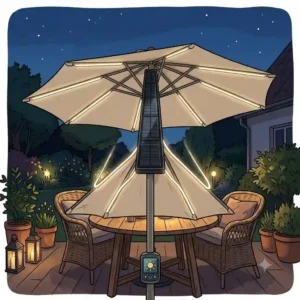 Illustration eines Solarschirms für den Garten mit integrierten LED-Streifen in den Streben, die sich tagsüber per Solarpanel aufladen.