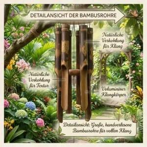 A close-up view of the large bamboo tubes of a wind chime (gartendeko klangspiel bambus groß) for deep, calming sound.