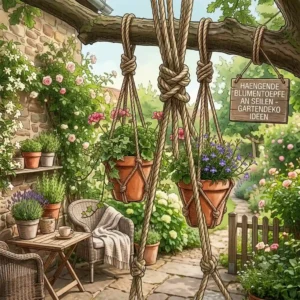 Modern garden decoration: Terracotta flower pots hanging on a thick rope on a tree branch in the garden.