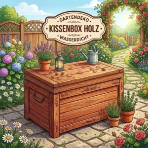Decorated garden cushion box made of wood with flowers and lanterns in the garden.
