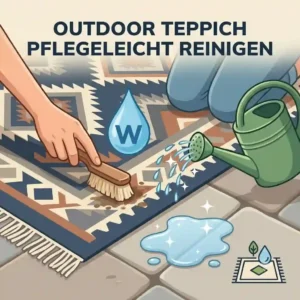 Graphic guide showing how to clean a gartendeko outdoor teppich pflegeleicht with water.