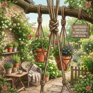 DIY guide for garden decoration with several hanging flower pots attached to a rope with knots.