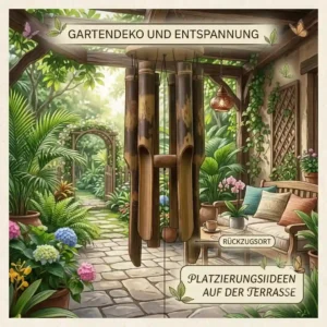 Illustration of a large bamboo wind chime (klangspiel bambus groß) as stylish garden decoration (gartendeko) on a modern terrace.
