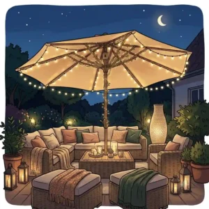 Eine gemütliche Gartenlounge-Ecke bei Nacht, sanft erhellt durch einen beleuchteten Sonnenschirm und passende Bodenvase-Deko.