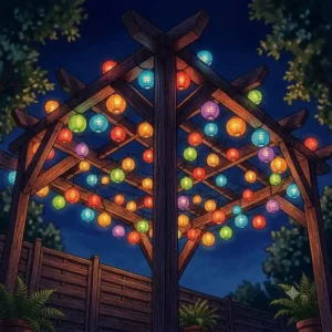 4-festive garden tree illuminated with gartendeko lampion lichterkette bunt.