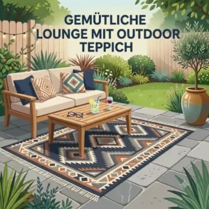 Cozy lounge setup featuring a gartendeko outdoor teppich pflegeleicht in a bohemian style.