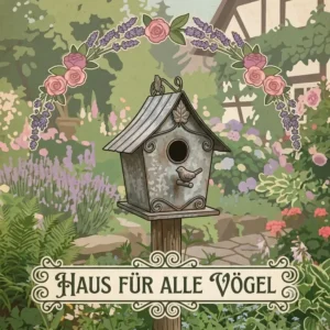 A vintage-style illustration showing a rustic gartendeko vogelhäuschen metall wetterfest.