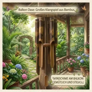 A large, weather-resistant bamboo wind chime (klangspiel bambus groß) hanging as cozy balcony decoration.