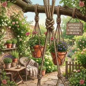 Space-saving garden decoration with hanging flower pots on a rope for the balcony or a small veranda.