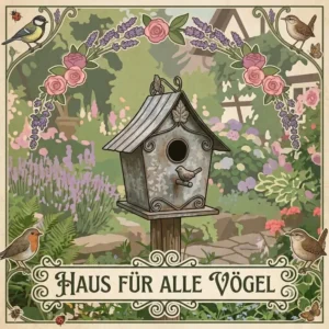 Ornate botanical illustration panel centered around a gartendeko vogelhäuschen metall wetterfest.