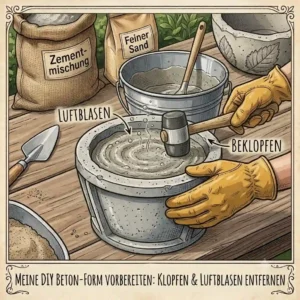 Gently tapping a filled mold to remove air bubbles, an important technique in the gartendeko diy beton gießen anleitung.