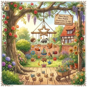 Kreative gartendeko mobile kinderzimmer outdoor an einem Baum aufgehängt.