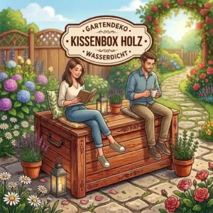 Illustration of a cushion box made of wood that doubles as a decorative garden bench.