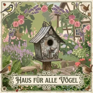 Decorative illustrative panel of a gartendeko vogelhäuschen metall wetterfest surrounded by butterflies and wrens.