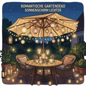 Romantisch beleuchteter Sonnenschirm im Garten mit hängenden LED-Lampions und Windlichtern auf dem Tisch.