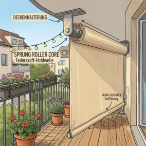Graphic detailing the easy clamp installation of a tension-pole based gartendeko balkon sichtschutz rollbar.