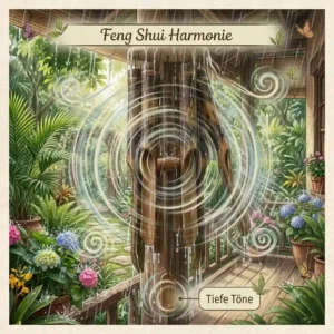 A harmonious Feng Shui garden decoration (gartendeko klangspiel bambus groß) with soft sound waves.