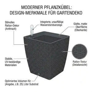 A modern aesthetic illustration of a minimalist anthracite gartendeko blumentopf mit bewässerungssystem.