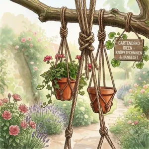 Colorful spring flowers in hanging flower pots with rope holders as a decorative eye-catcher in the garden.