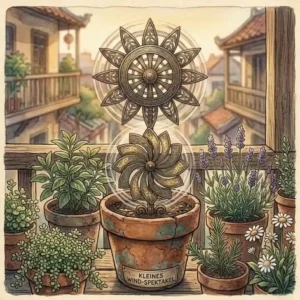 A small-scale gartendeko windrad gartenstecker placed in a flower pot on a balcony.