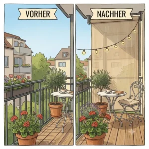 Before and after comparison showing an open balcony transformed by a functional gartendeko balkon sichtschutz rollbar.