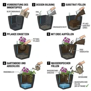 A seven-step visual planting guide showing the correct substrate layers for a gartendeko blumentopf mit bewässerungssystem.
