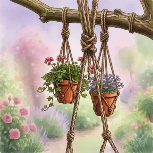 Close-up of a rope knot technique for securely fastening hanging flower pots as garden decoration.