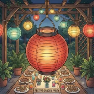 8-festive buffet table setup using gartendeko lampion lichterkette bunt for a garden party.
