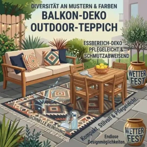 Garden dining area featuring a dirt-repellent gartendeko outdoor teppich pflegeleicht.