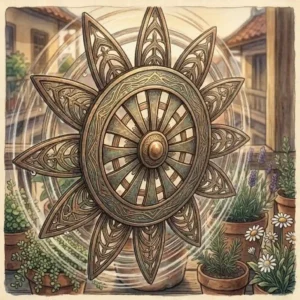 A detailed close-up shot showing the intricate craftsmanship of a gartendeko windrad gartenstecker.