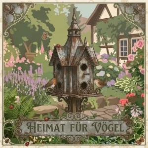 An illustration of an ornate, steeple-style gartendeko vogelhäuschen metall wetterfest as a garden centerpiece.