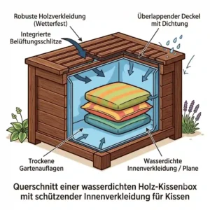 Cross-section of a waterproof wooden cushion box with protective inner lining for cushions.